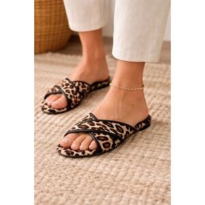 J Crew Cora Leopard Calf Hair Criss Cross Slide Mules Sandals Shoes Sz 6